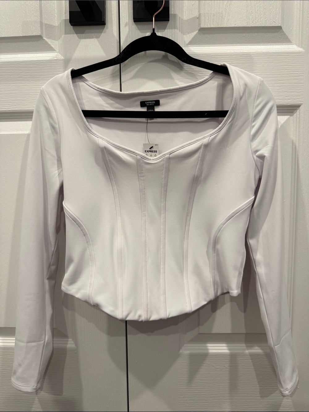 Express Body Contour White Long-Sleeve Corset-Style Top - Size M